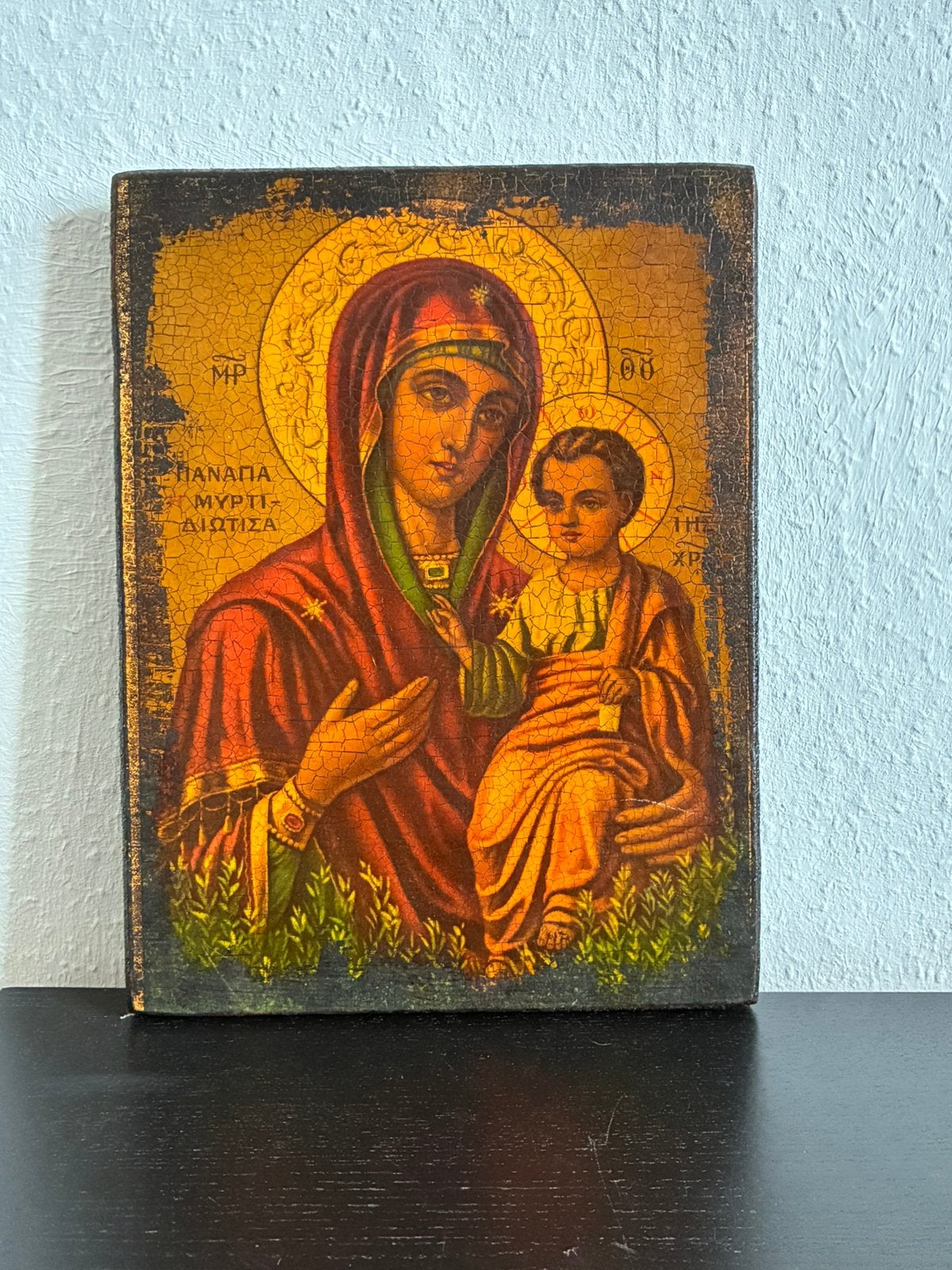 Vintage Griekse Icoon op Hout – Panagia Myrtidiotissa, Antiek en Kunst, Ophalen of Verzenden