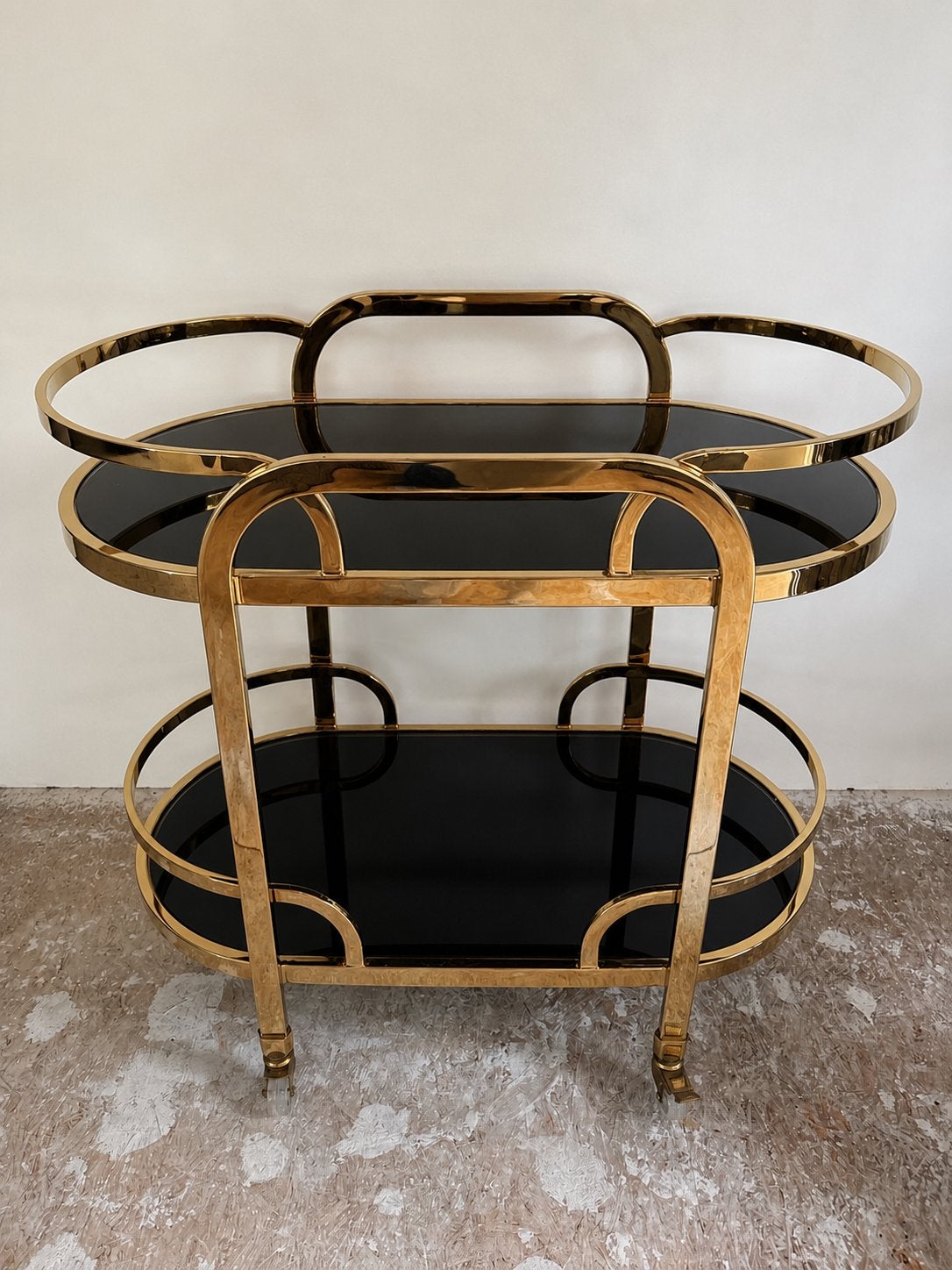 Luxe gouden Hechols serveerwagen / barcart – zwart glas, Ophalen of Verzenden, Zo goed als nieuw