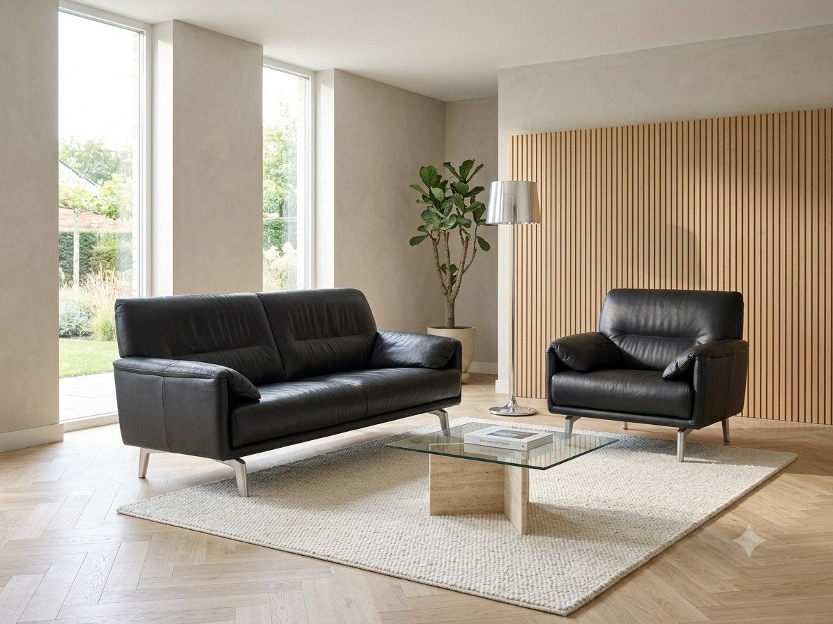 Leolux Bora Balanza | 2,5 zits en fauteuil | Zwart leer, Leolux, Info@andriesign.nl, 150 tot 200 cm, Driepersoons