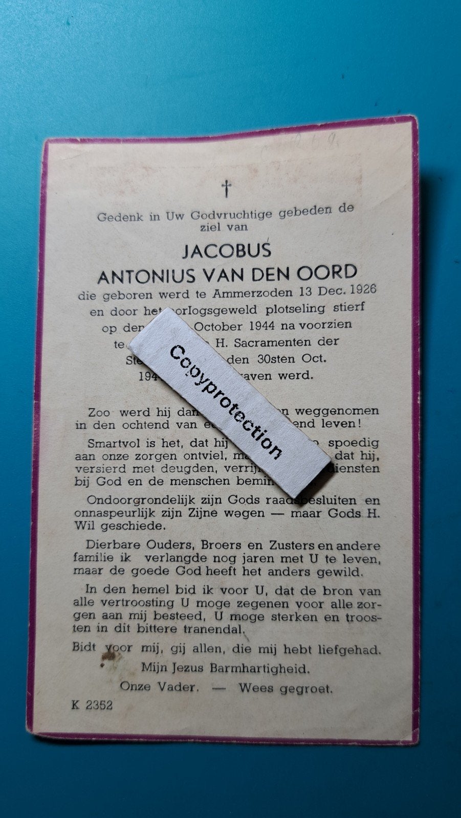 Jacobus Antonius van den Oord, Ammerzoden 1926, 1944 oorlog, Verzenden, Bidprentje