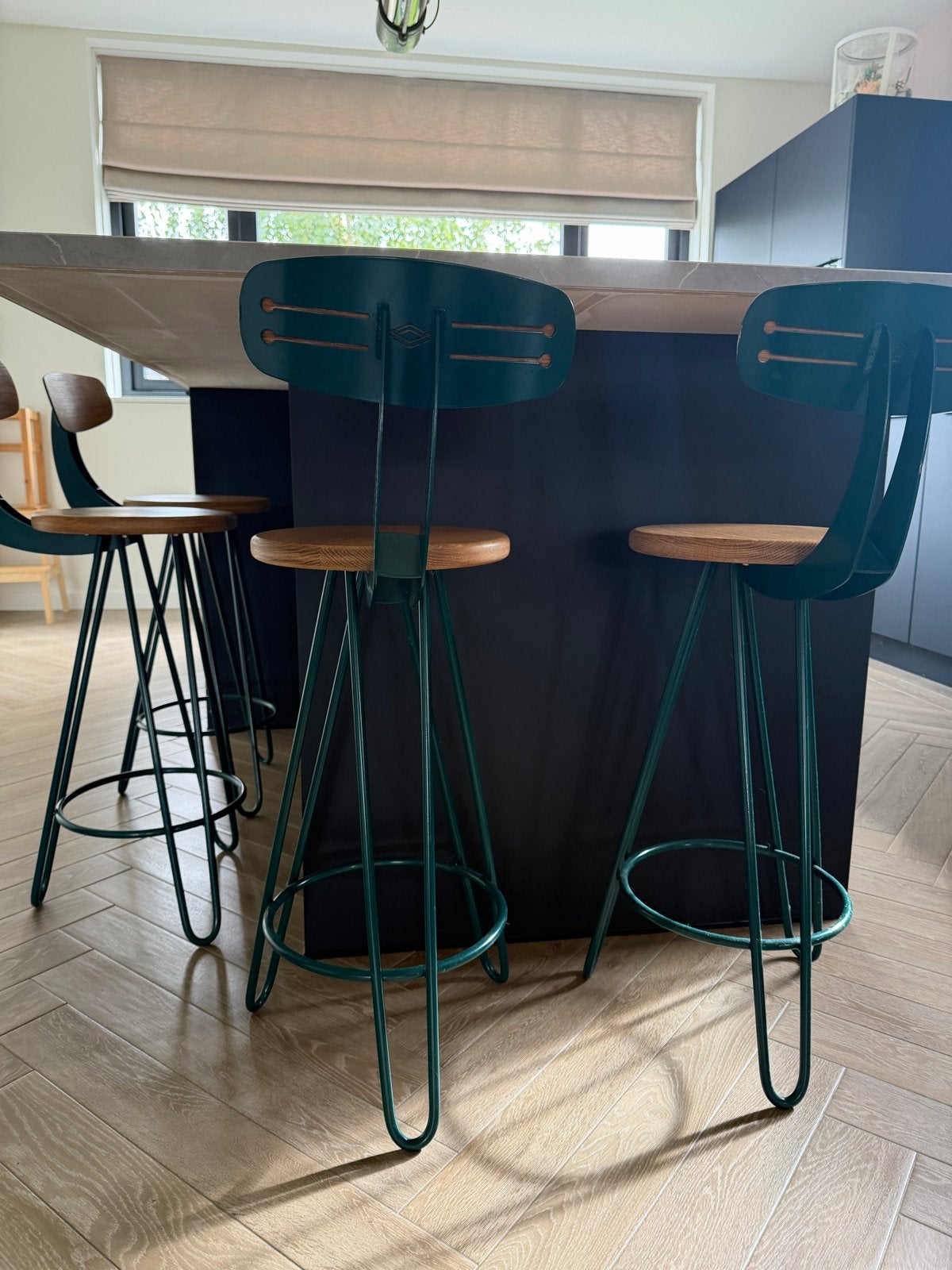 Set van 4 Barkrukken met eiken Houten Zitting, Huis en Inrichting, Ophalen, Gebruikt, Overige kleuren, Vier