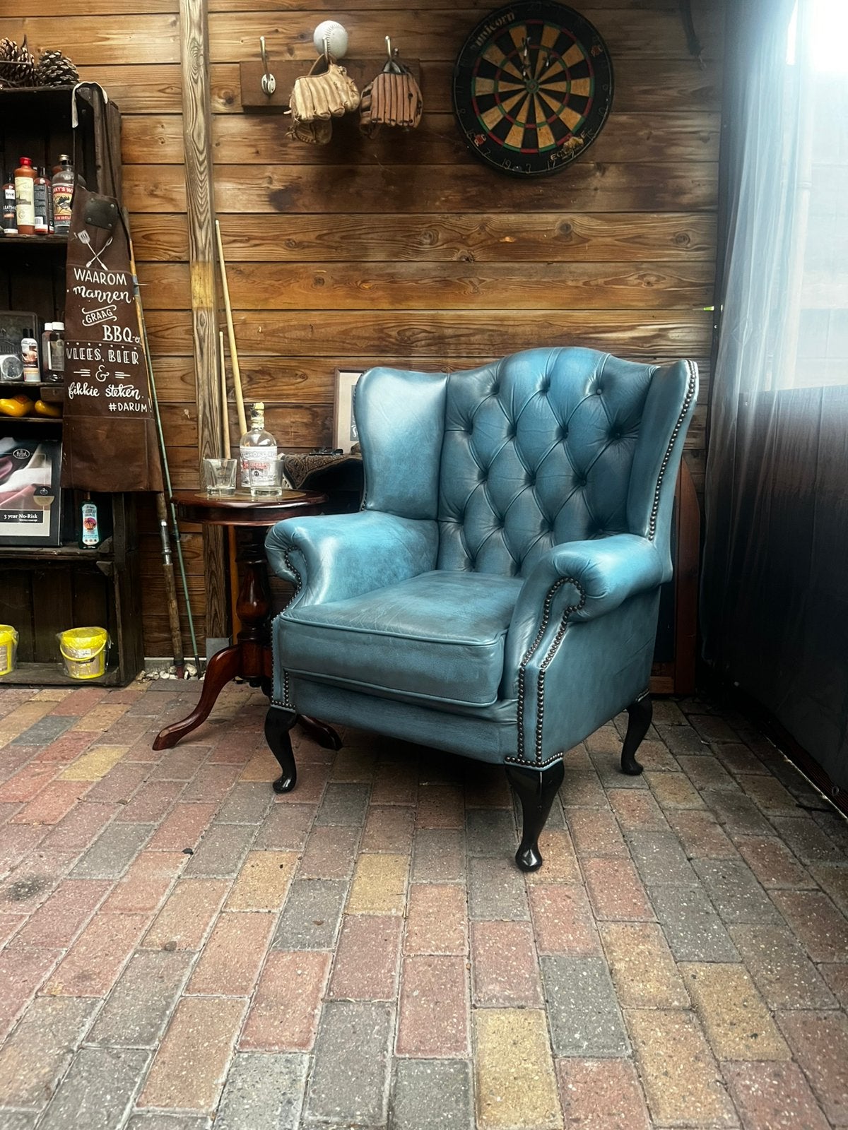 Chesterfield Oorfauteuil in jeansblauw!!, Huis en Inrichting, Ophalen of Verzenden, Zo goed als nieuw, 75 tot 100 cm, Leer
