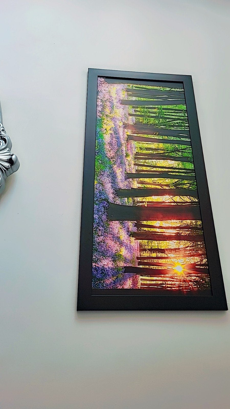 Schilderij met bos en zonsondergang, Hout, Print, Ingelijst, Landschap
