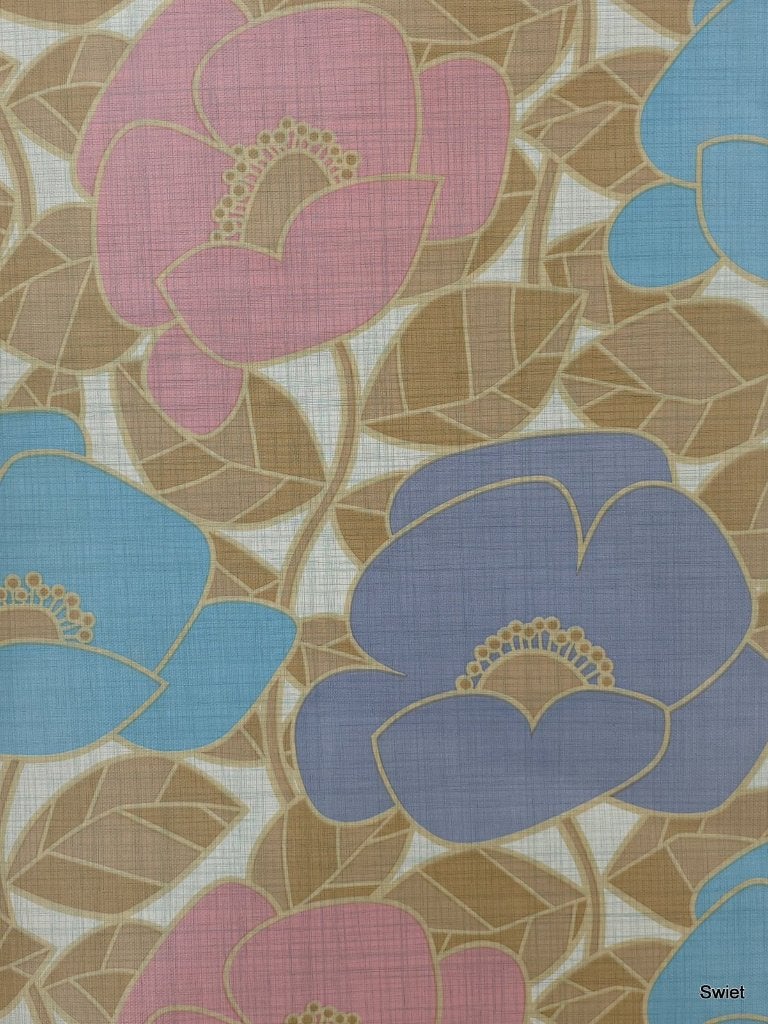 12502 vintage bloemen behang in roze en blauw met oker swiet, Ophalen of Verzenden, Bruin