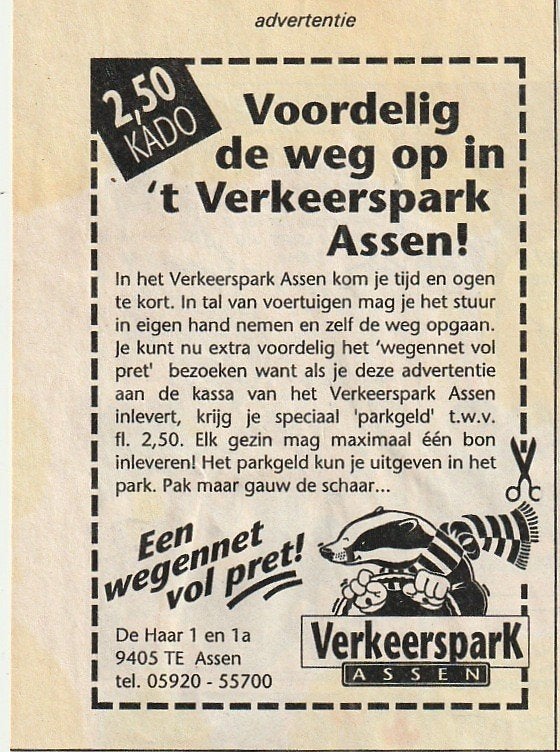 Retro reclame 1991 Verkeerspark Assen voordelig op weg, Verzenden, Overige typen