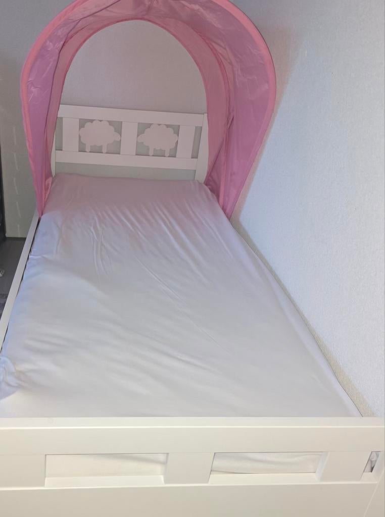 Eenpersoonsbed met roze bedtent - Wit houten bed, Ophalen, 90 cm, Eenpersoons, Wit