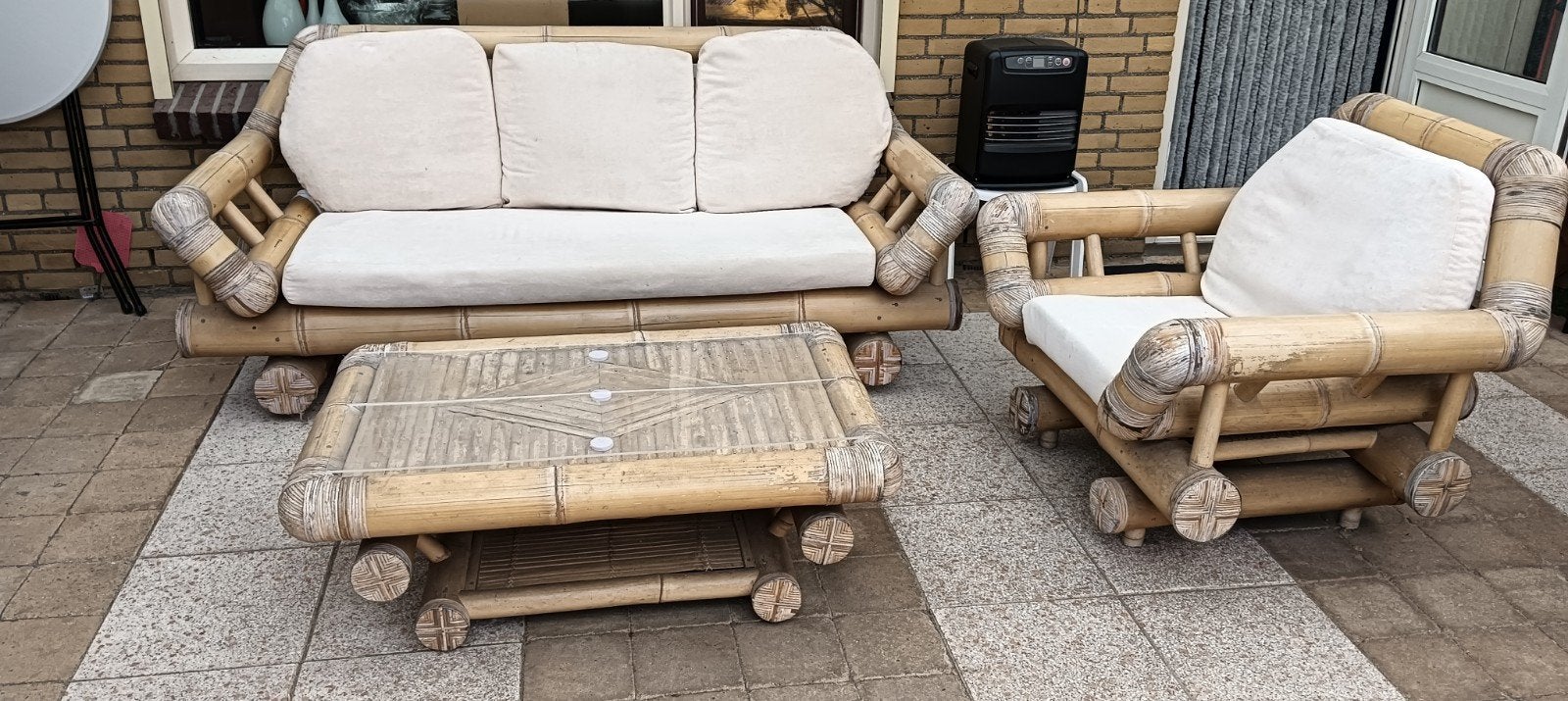 Bamboe tuinset bank, stoel en tafel, met kussens., Tuin en Terras, Tuinsets en Loungesets, Ophalen, Gebruikt, Bank, Overige materialen