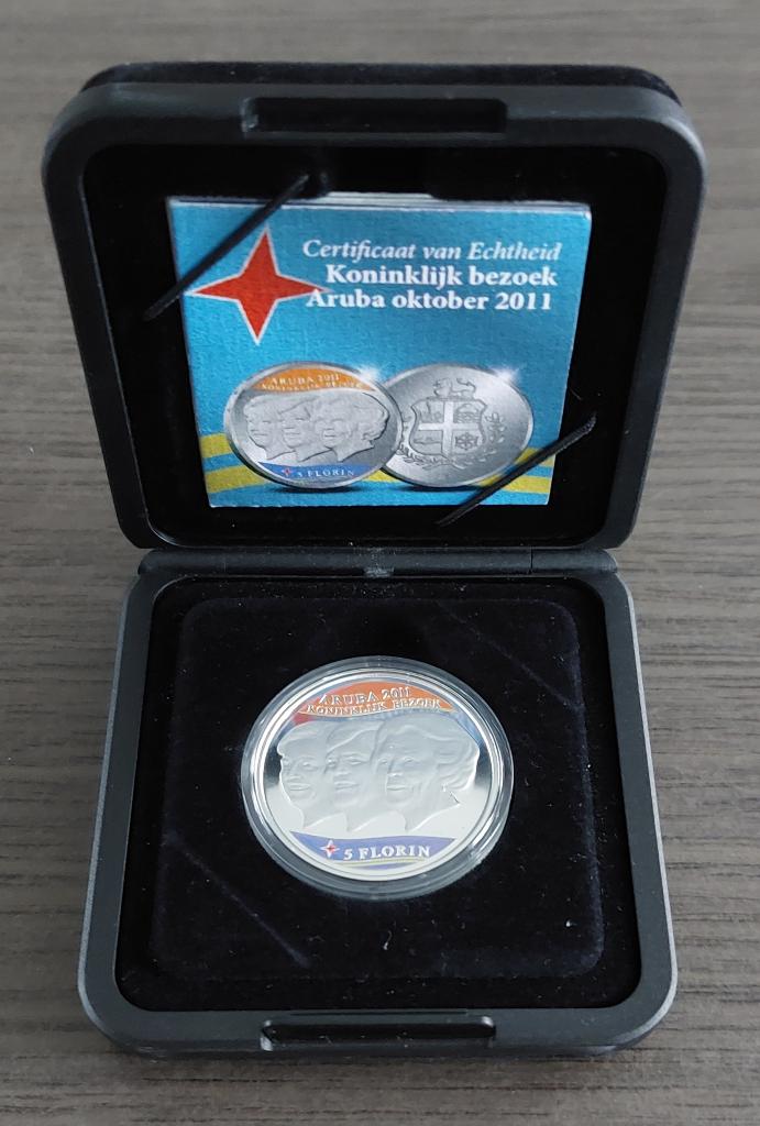 Aruba 5 florin 2011 Proof Koninklijk bezoek, Ophalen of Verzenden, Koningin Beatrix, Overige waardes, Zilver