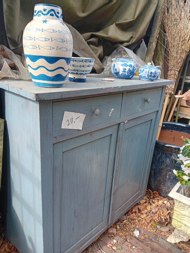 Vintage blauwe houten kast met lades en deuren, Ophalen