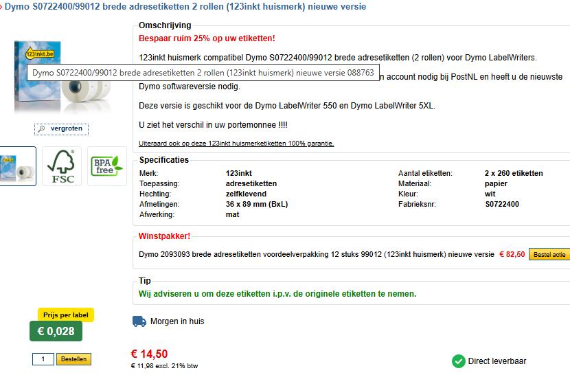 9 x 123inkt compatibel Dymo 36x89/99012 brede adresetiket, Dymo, Nieuw, Ophalen of Verzenden, Azerty