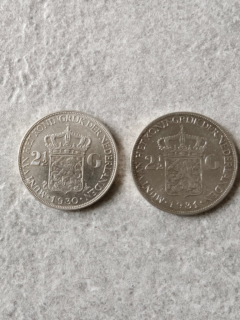 Twee zilveren rijksdaalders, Postzegels en Munten, Munten | Nederland, Zilver, Ophalen of Verzenden, Koningin Wilhelmina, Losse munt
