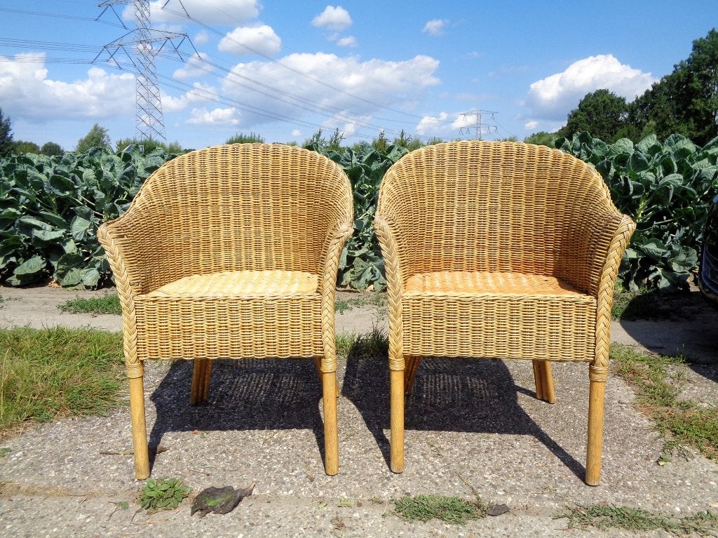 Set van 2 vintage rotan kuipstoelen / pitriet fauteuils, Ophalen, Gebruikt, Rotan