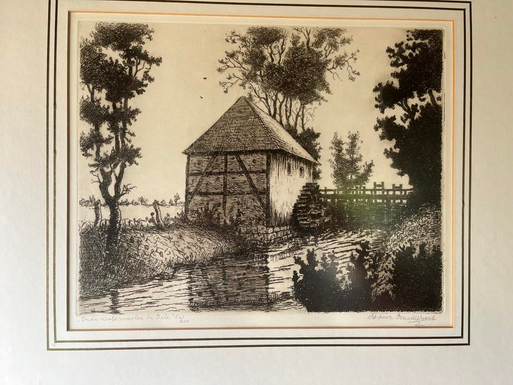 Ets van Oude Watermolen in Oele genummerd en gesigneerd, Antiek en Kunst, Ophalen of Verzenden, Landschap, 1950 - 1999, Genummerd