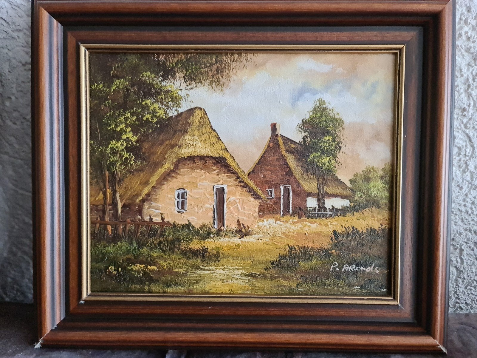 Olieverfschilderij: Landelijk tafereel met boerderijen, Doek, Realistisch, Ophalen of Verzenden, Landschap