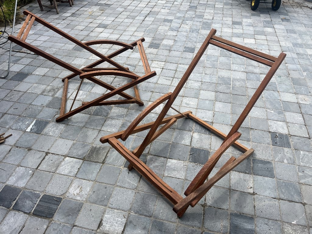 2 royal botania opvouwbare teakstoelen + 2 voetbankjes, Tuin en Terras, Ophalen, Gebruikt, Teakhout, Inklapbaar
