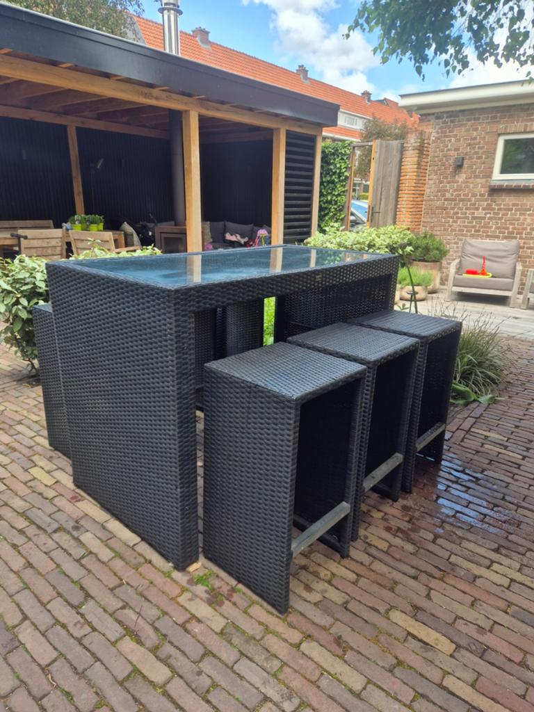 Mooie buitenbar antraciet met 6 krukken en glasplaat, Tuin en Terras, Ophalen of Verzenden, Rechthoekig