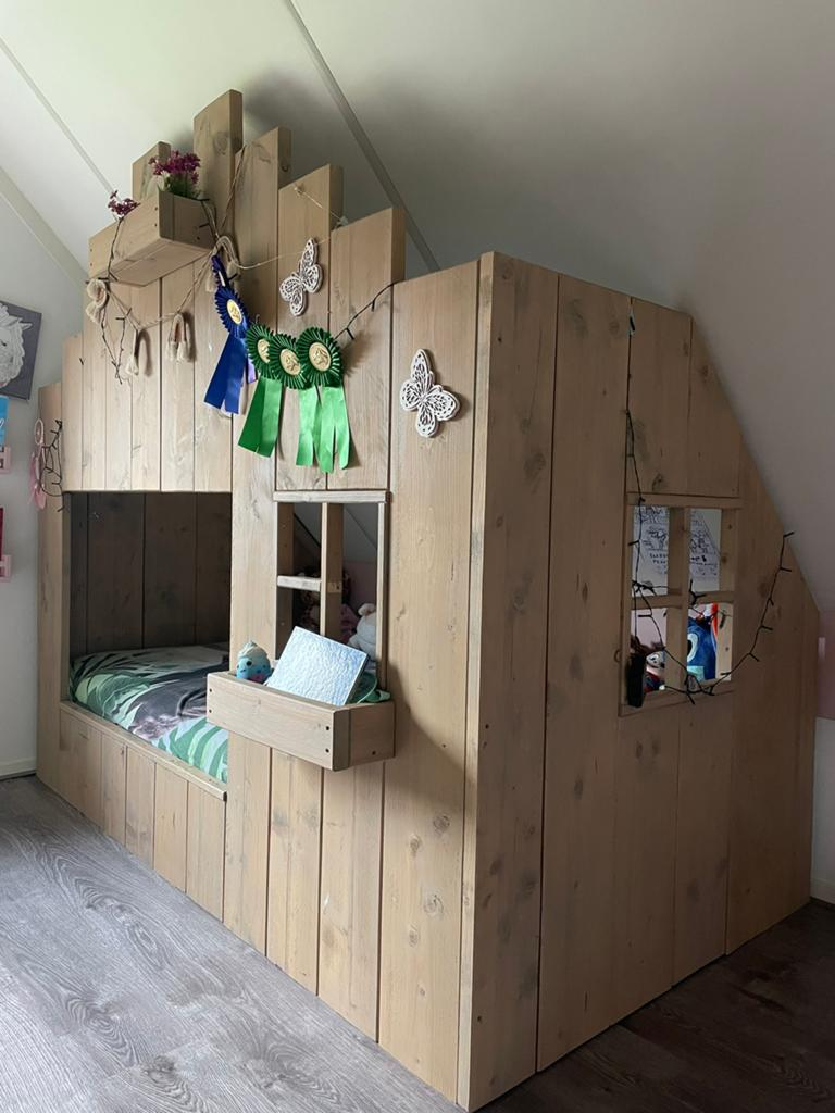 Super gaaf steigerhouten bed huisje., Ophalen, 85 tot 100 cm, Gebruikt, Lattenbodem