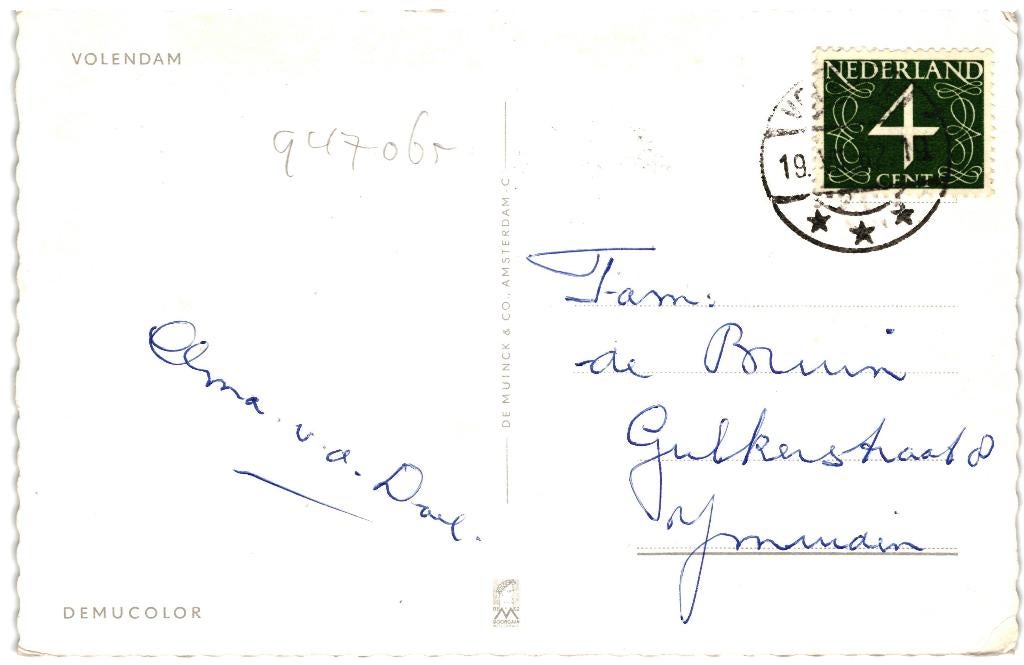 947065 Volendam 1962 NH klederdracht Gelopen met Postzegel, Ophalen of Verzenden, 1960 tot 1980, Gelopen, Noord-Holland