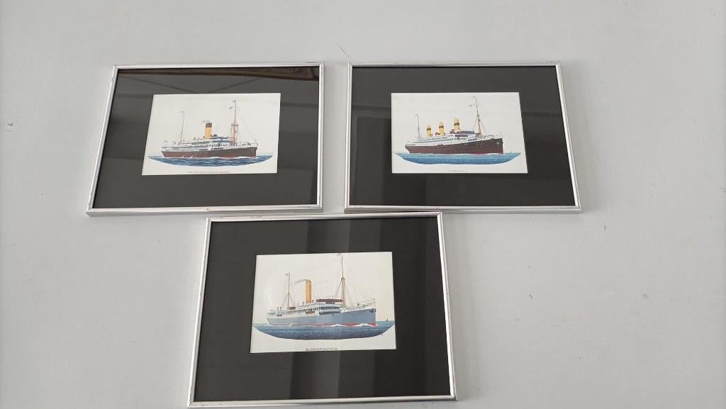 3x ingelijste afbeelding prent oude stoomschepen schip, Verzamelen, Scheepvaart, Gebruikt, Overige typen, Motorboot, Ophalen of Verzenden