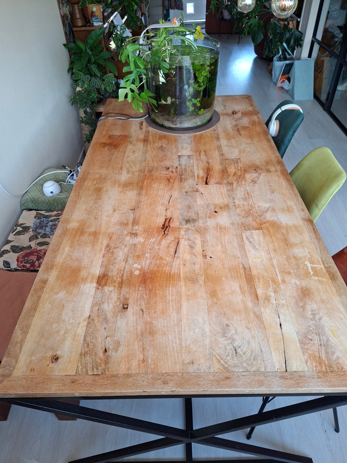 Grote robuuste houten eettafel met metalen onderstel, Gebruikt, 200 cm of meer, 50 tot 100 cm, Vijf personen of meer