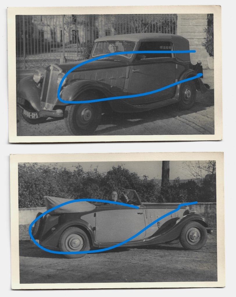 Lancia Belna cabriolet lot 2x fotokaart prewar auto oldtimer, Verzenden, 1920 tot 1940, Ongelopen, Voertuig