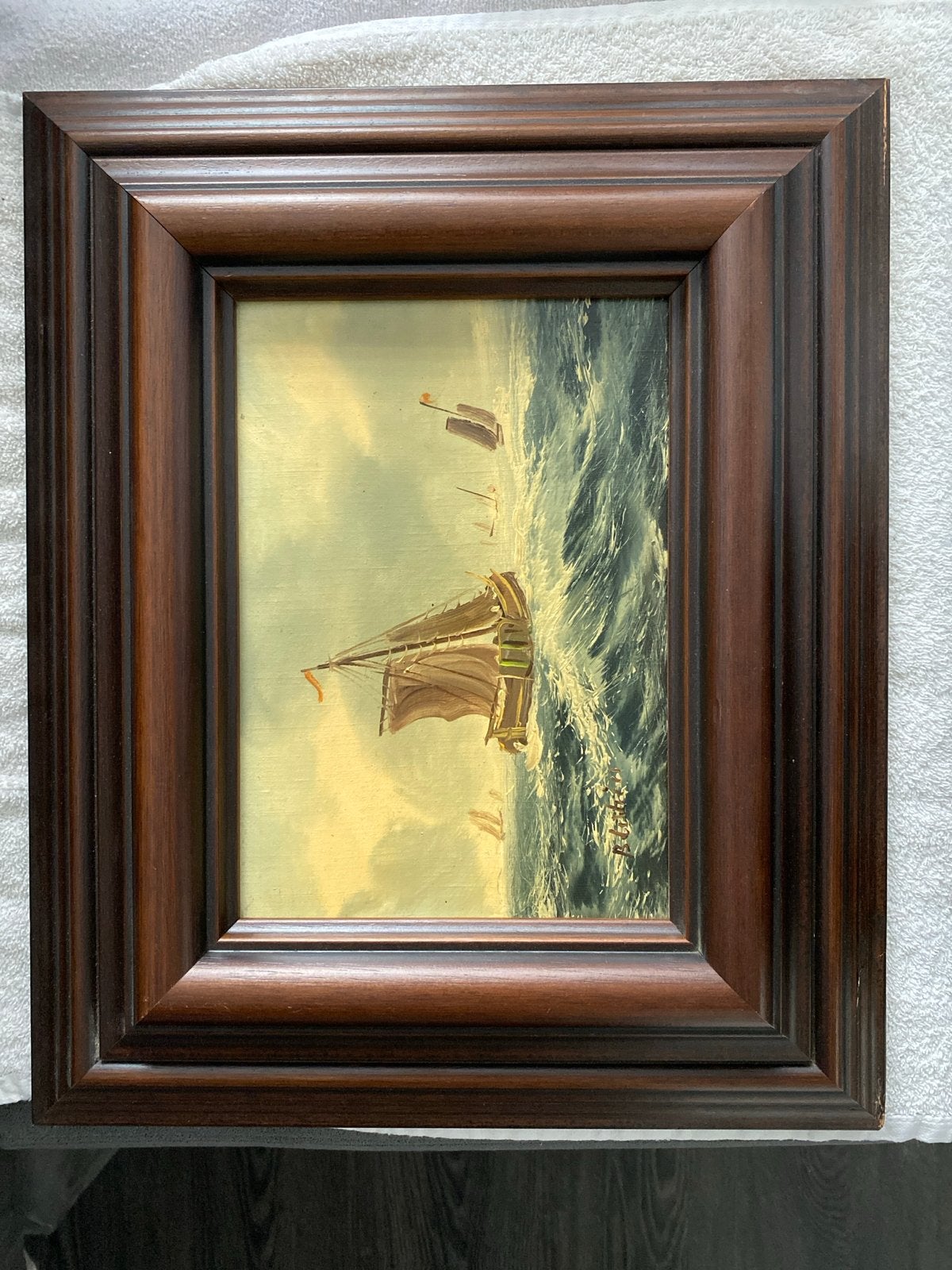 Maritiem schilderij: Zeilschip op woelige zee, ingelijst, Maritiem / water, Doek, Ophalen of Verzenden, Gesigneerd
