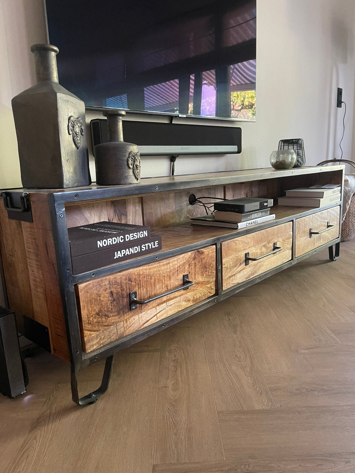 TV meubel industrieel hout/metaal –  loods 5, Ophalen, 150 tot 200 cm, Zo goed als nieuw, Minder dan 100 cm