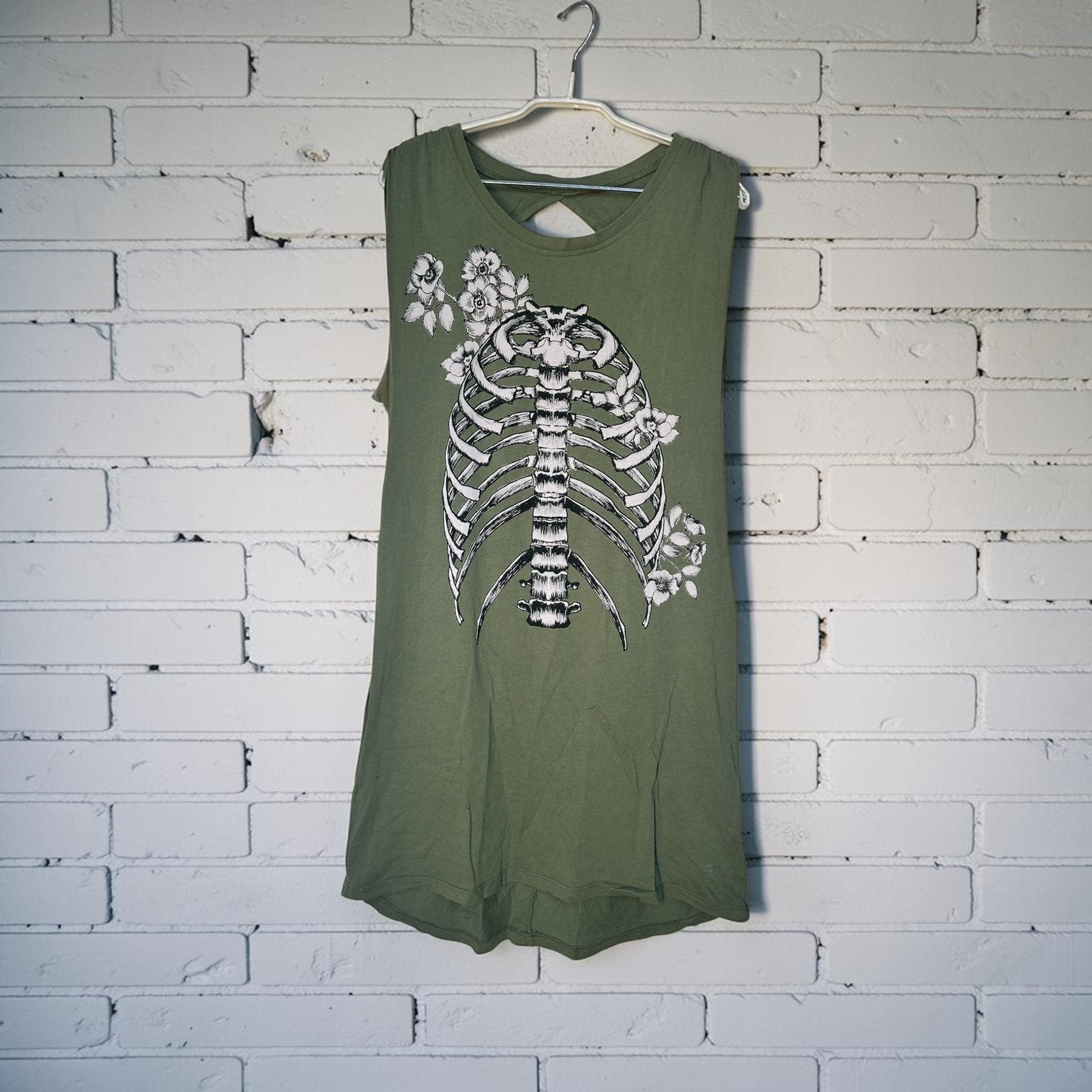 H&M Top Maat L Khaki Groen Skelet Ribben Bloemen Open Rug, Hm, Verzenden, Hm, Maat 42/44 (L)
