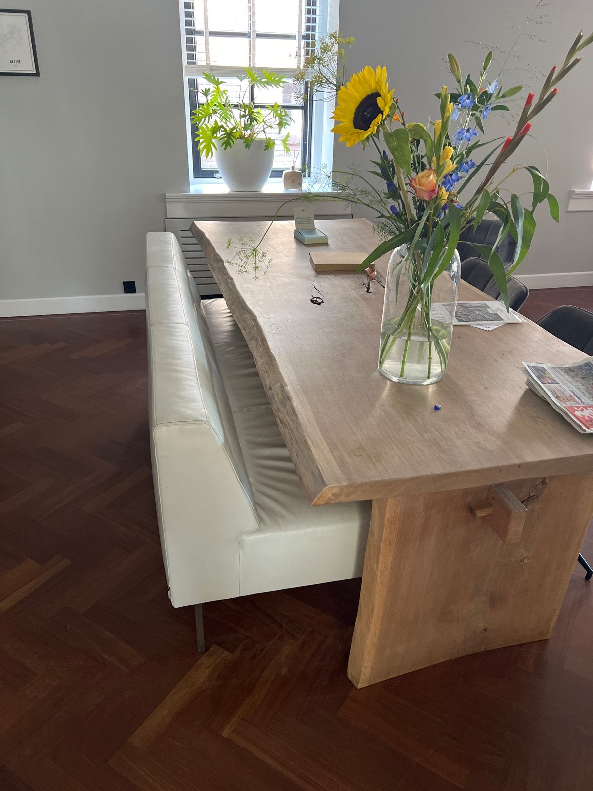 Witte leren eetbank met RVS poten - 178 cm, Ophalen, Gebruikt, Leer
