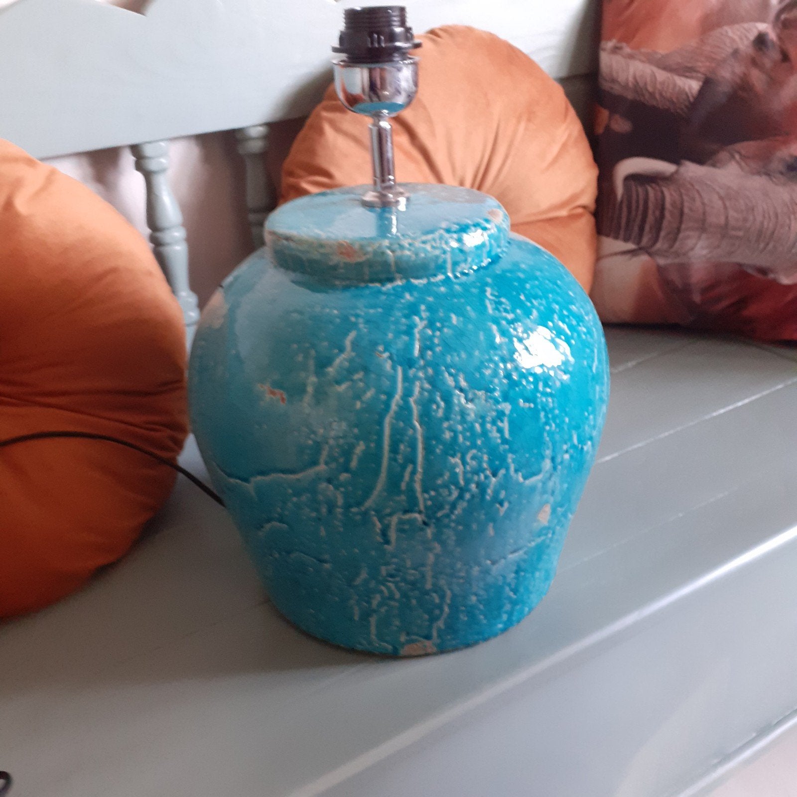 mooie turquoise tafellamp, keramiek, craqueel, Huis en Inrichting, Gebruikt, Keramiek, E27 (groot), Sfeerlamp