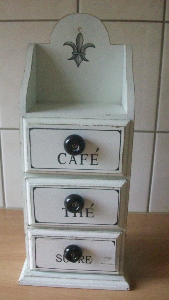Vintage kastje met lades voor koffie, thee, suiker, Hout, Ophalen of Verzenden, Zo goed als nieuw, Wit