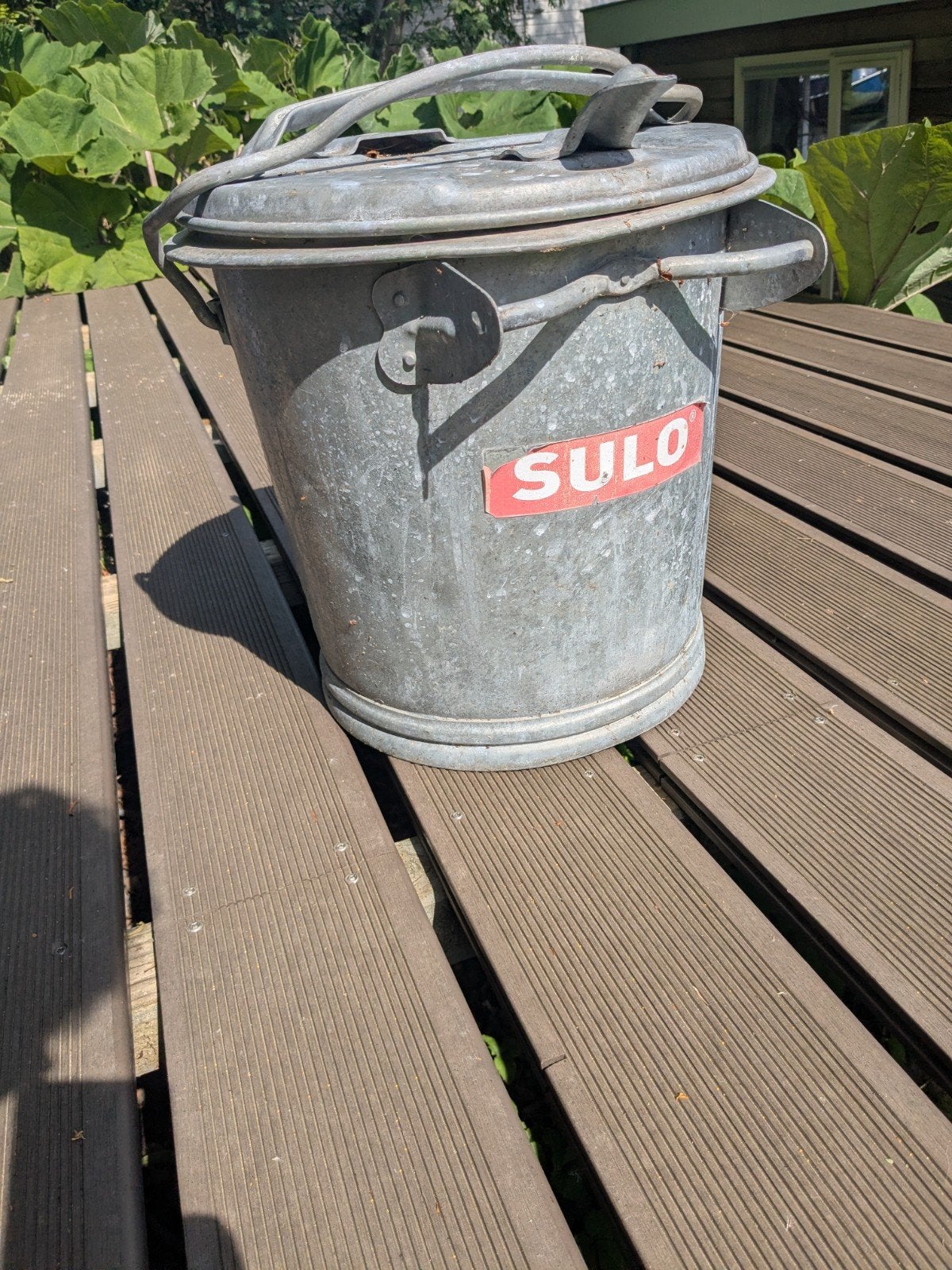 Vintage SULO gegalvaniseerde afvalemmer met deksel, Ophalen