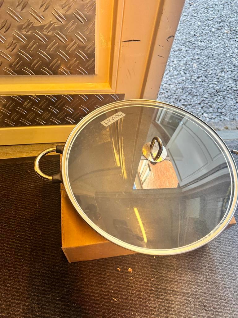 Bodum wokpan met glazen deksel, Huis en Inrichting, Ophalen, Gebruikt, Gietijzer, Wok