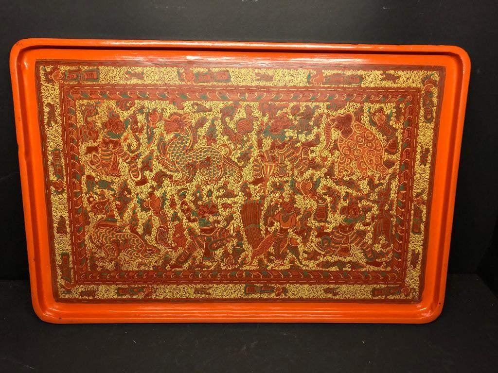 38) Oud Birmaans lakwerk dienblad., Gebruikt, ., Ophalen of Verzenden, .