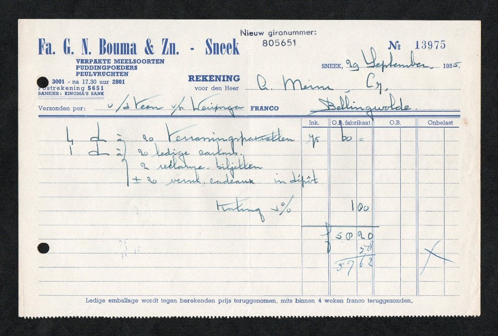 Nota Sneek Bouma Bellingwolde Meins 1955., Verzamelen, Ophalen of Verzenden, Zo goed als nieuw