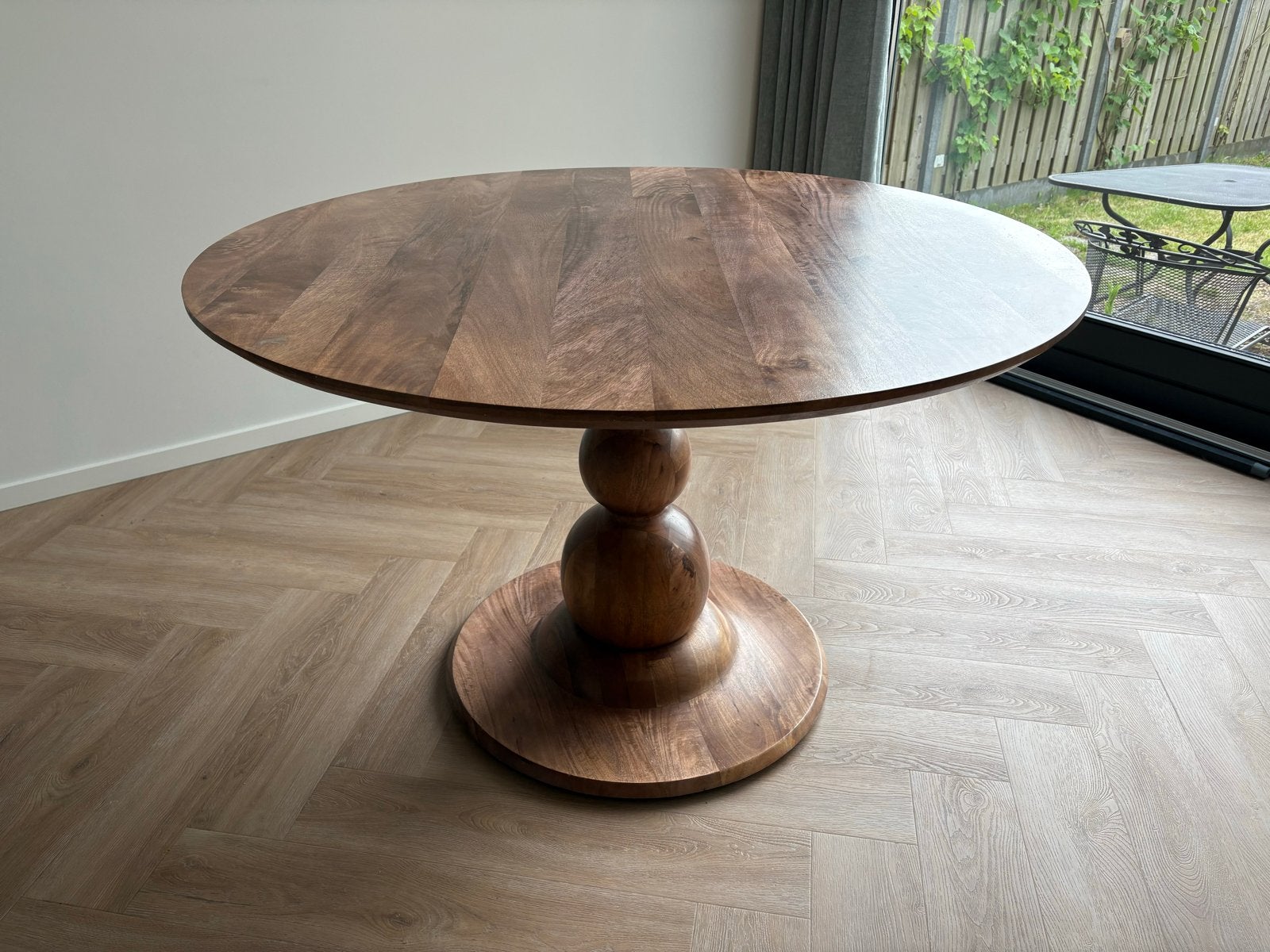 Woood ronde eettafel van mangohout walnoot, Ophalen, Gebruikt, 100 tot 150 cm, Rond