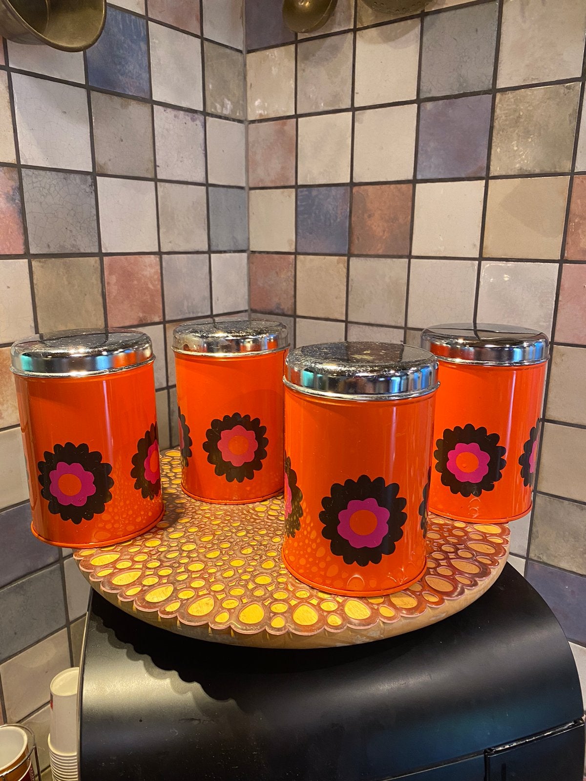 4 Brabantia,Patrice,oranje/rose/bruin voorraadbussen,hoog 16, Antiek en Kunst, Antiek | Emaille, Ophalen of Verzenden