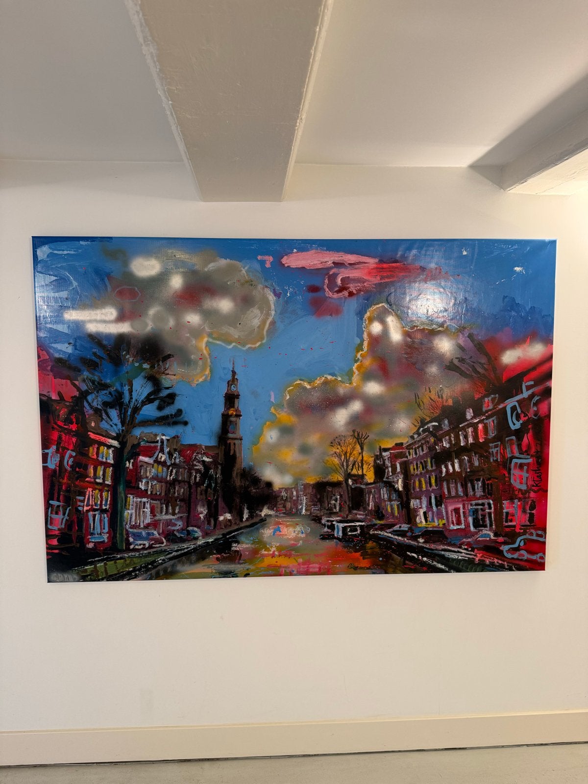 Peter Klashorst - Westertoren Prinsengracht Amsterdam, Antiek en Kunst, Ophalen, Ingelijst, Gemengde techniek, Overige materialen