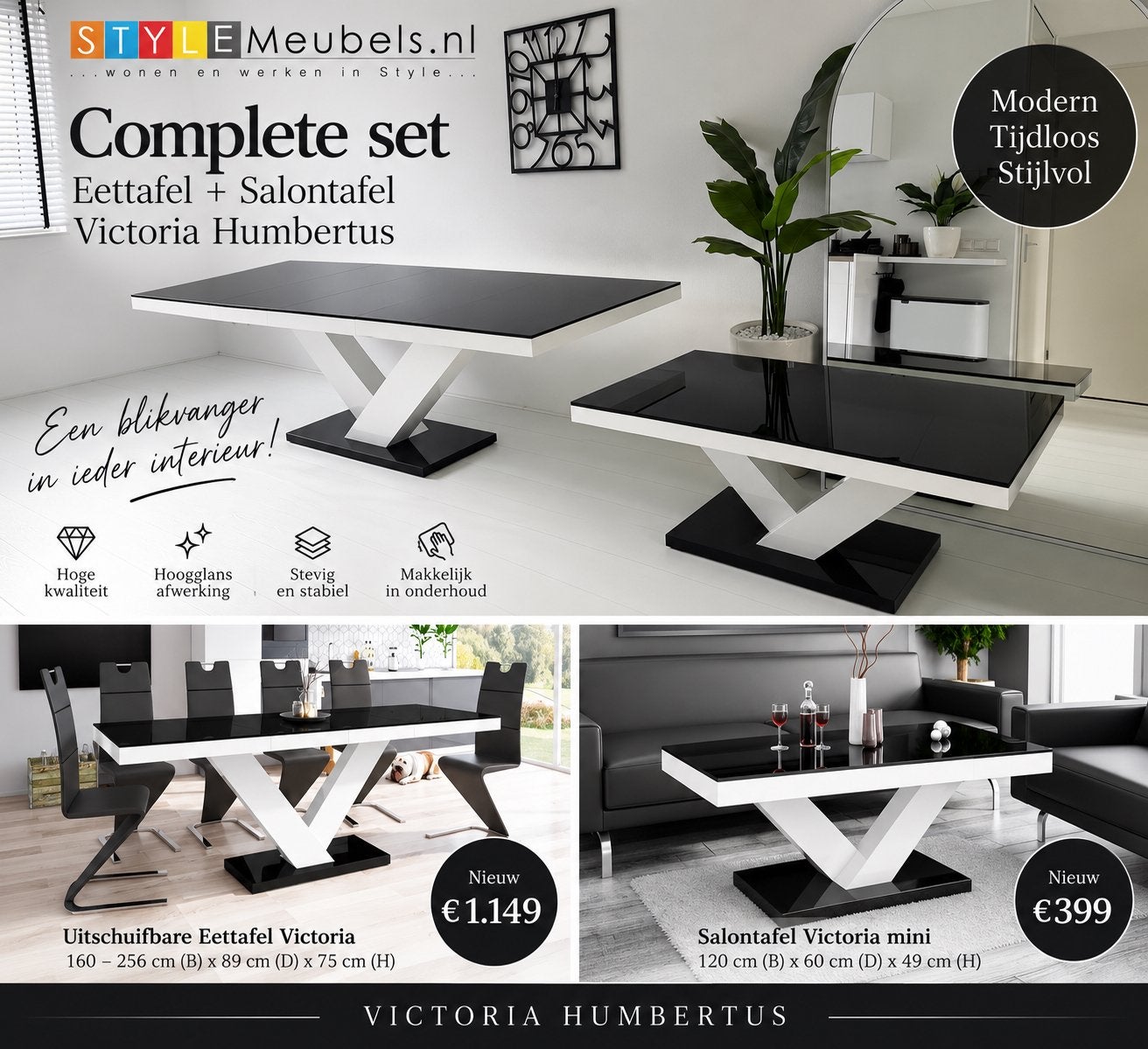 Eettafel+salontafel, hoogglans,160-256cm. Uitschuifbaar, Ophalen, Zo goed als nieuw, Rechthoekig, 50 tot 100 cm