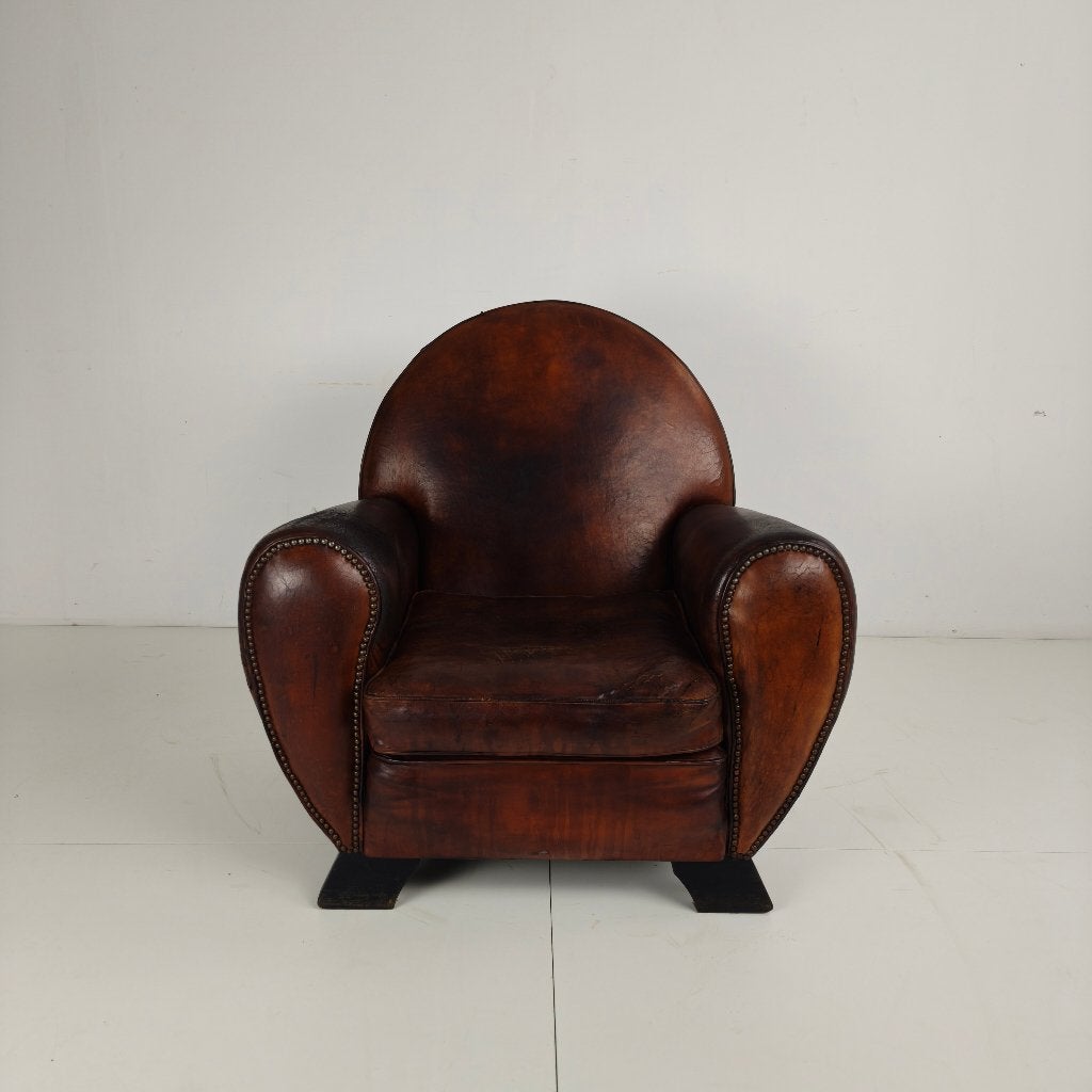 Leren Art Deco herenclubfauteuil, Antiek en Kunst, Antiek | Meubels | Stoelen en Banken, Ophalen of Verzenden