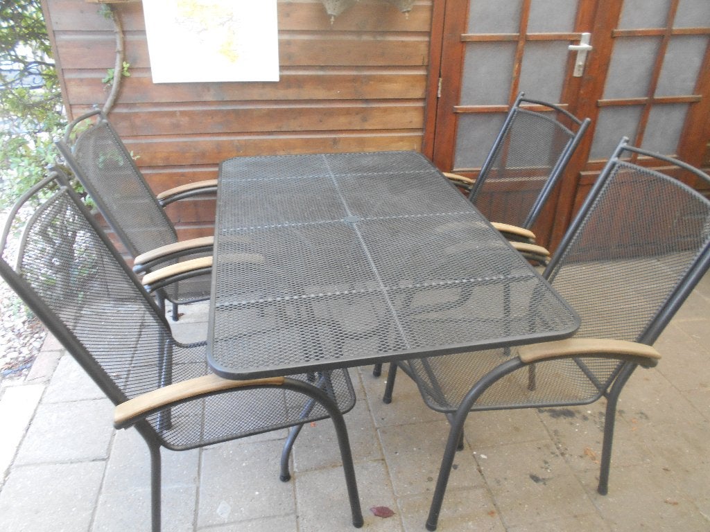strek metalen tuin set tafel 145x90x75cm 4 stapel stoelen, Tuin en Terras, Tuinsets en Loungesets, Zo goed als nieuw, Tuinset