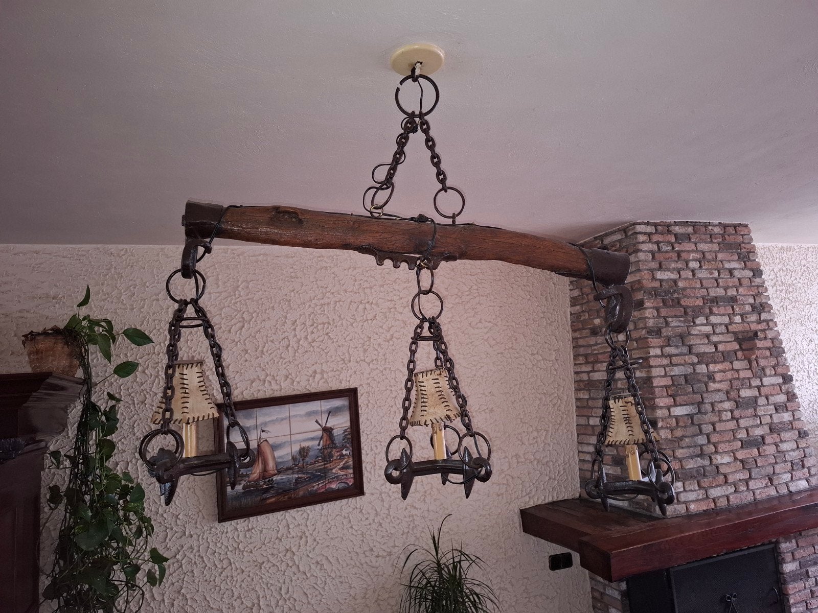 Rustieke houten kroonluchter met 3 lampen, Huis en Inrichting, Ophalen, Gebruikt, 75 cm of meer, Rustiek, Landelijk