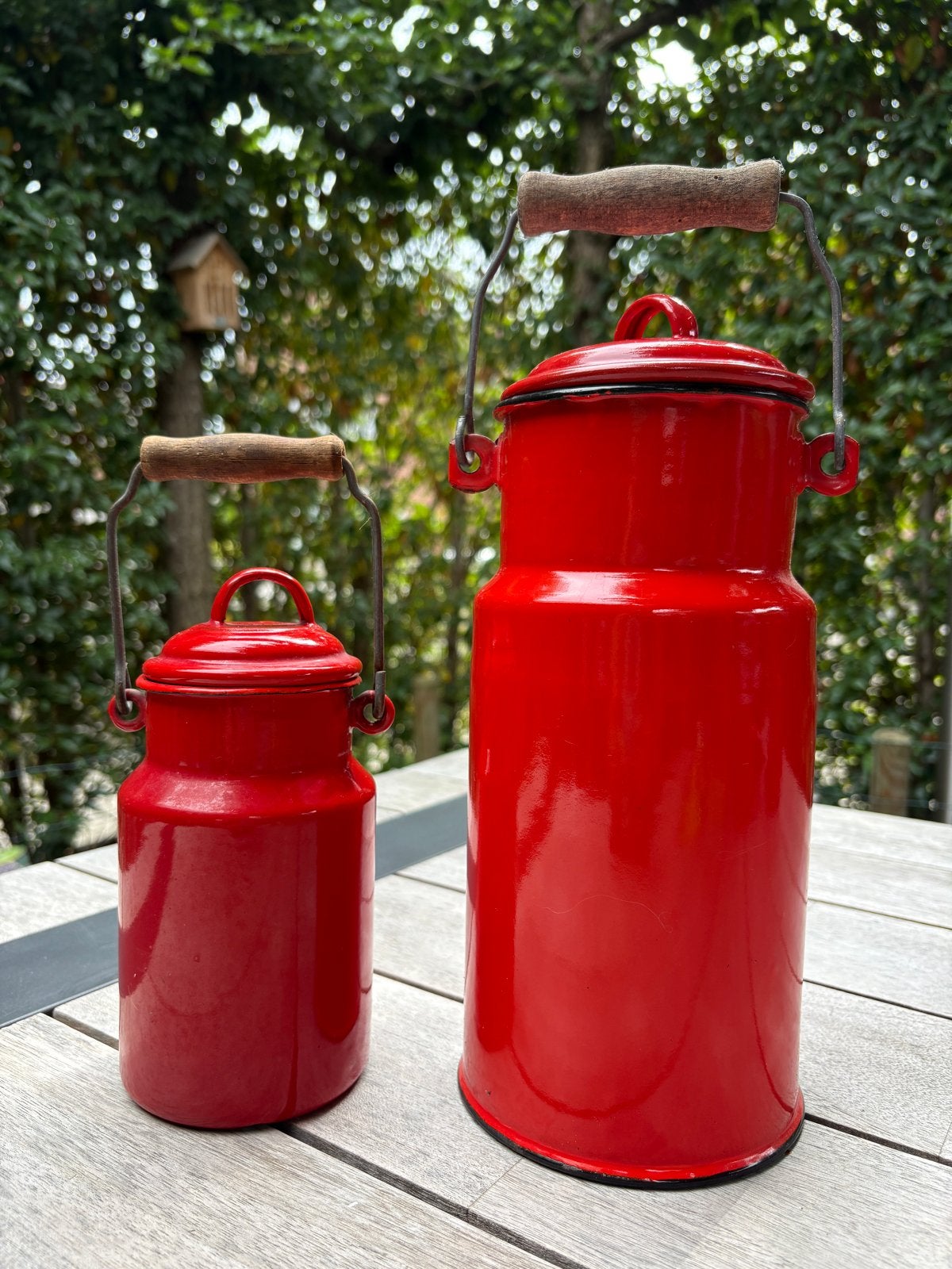 Set van 2 rode emaille melkbussen, vintage, Ophalen of Verzenden