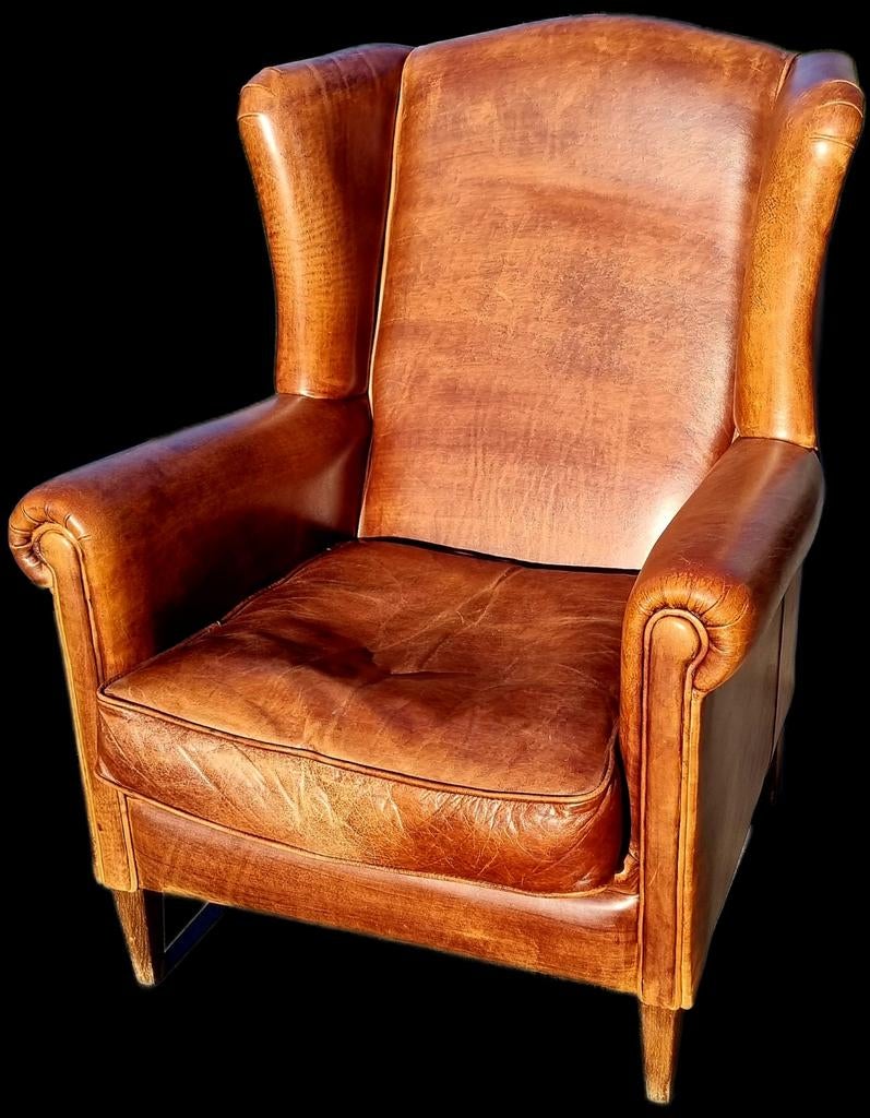 Chesterfield oor fauteuil cognac bruin leer + BEZORGING, Gebruikt, ., Chesterfield, Ophalen of Verzenden