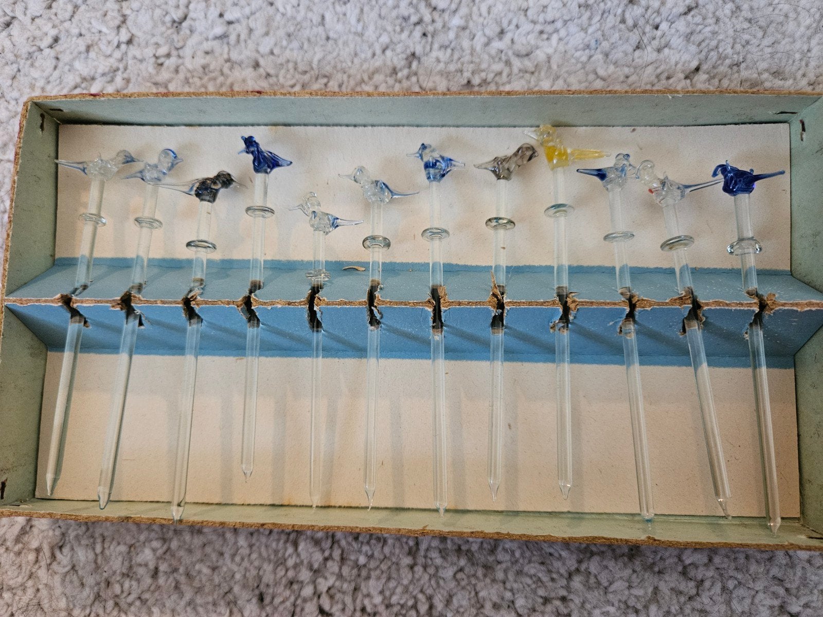 Vintage glazen cocktailprikkers met vogeltjes in doosje, Ophalen of Verzenden