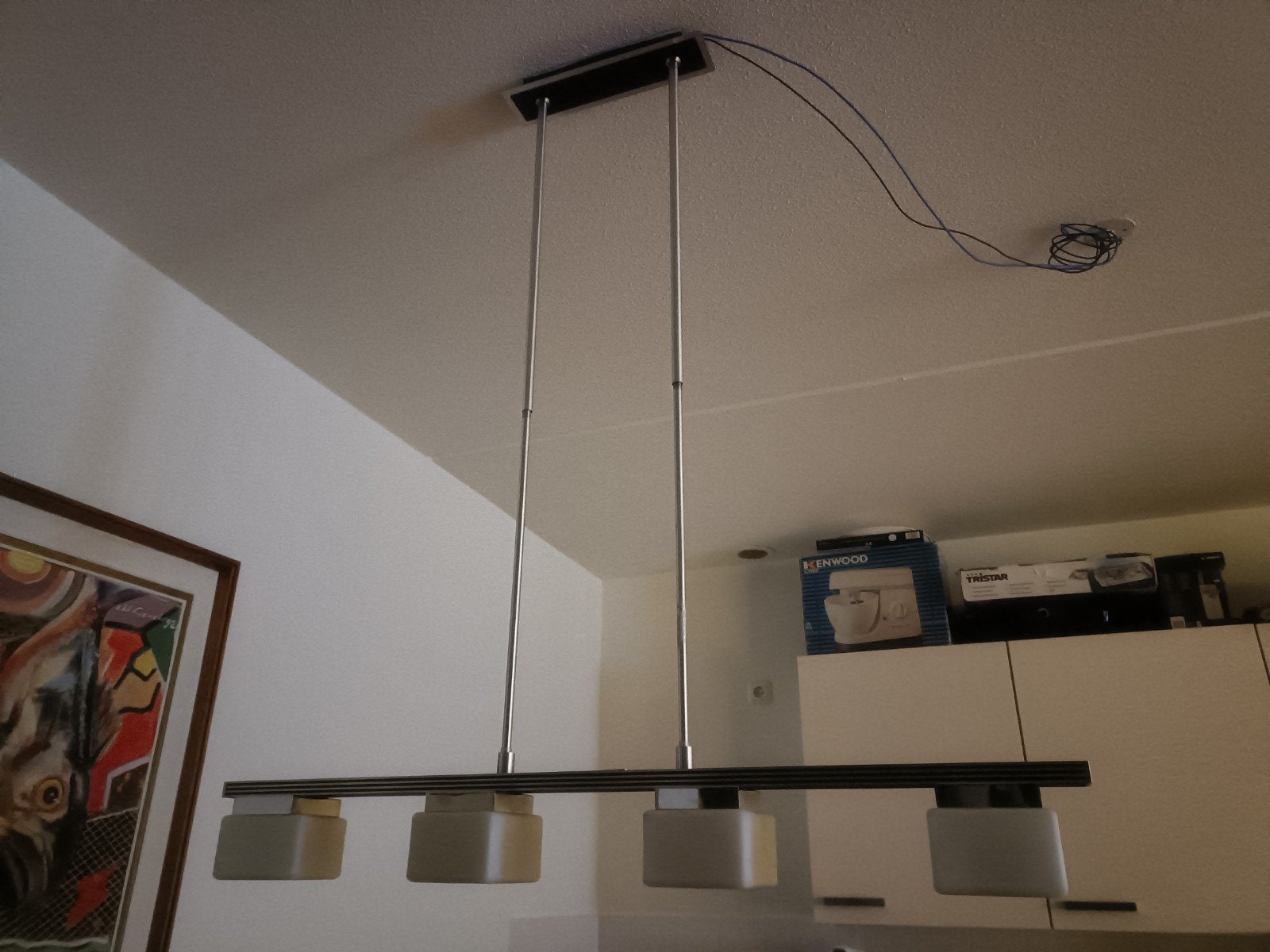 Moderne hanglamp met 4 lichtpunten, Ophalen, Gebruikt, E14 (klein), Glas