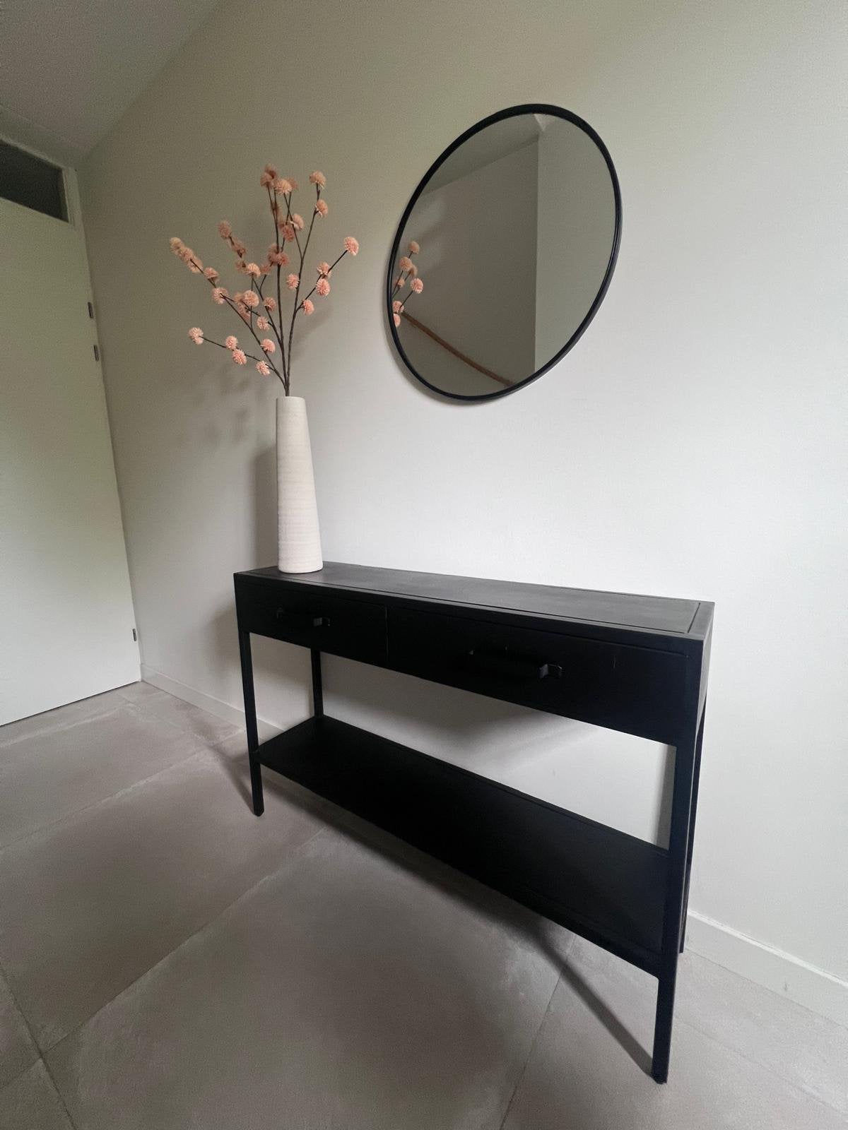 Zwarte stalen sidetable + spiegel, Huis en Inrichting, Tafels | Sidetables, Ophalen, 100 tot 150 cm, Overige materialen, Zo goed als nieuw