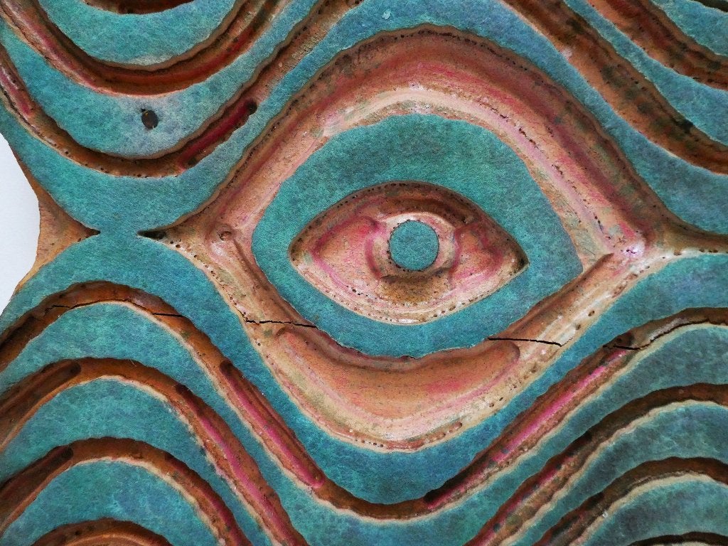 Authentieke handgesneden houten batik drukblok XL met ogen, Antiek en Kunst, Hout, 40 cm, Gesneden, Blauw