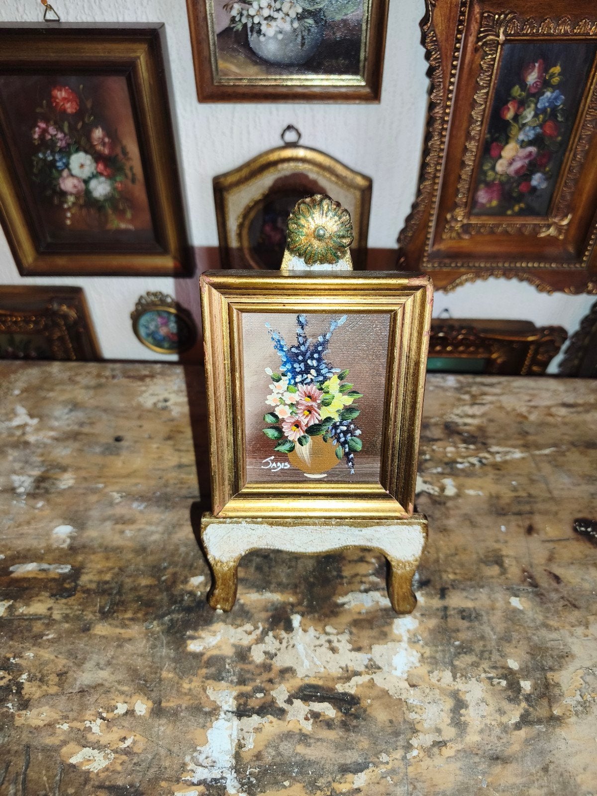 oud schilderijtje schilderij lijst stilleven bloemen Y55, Ophalen of Verzenden