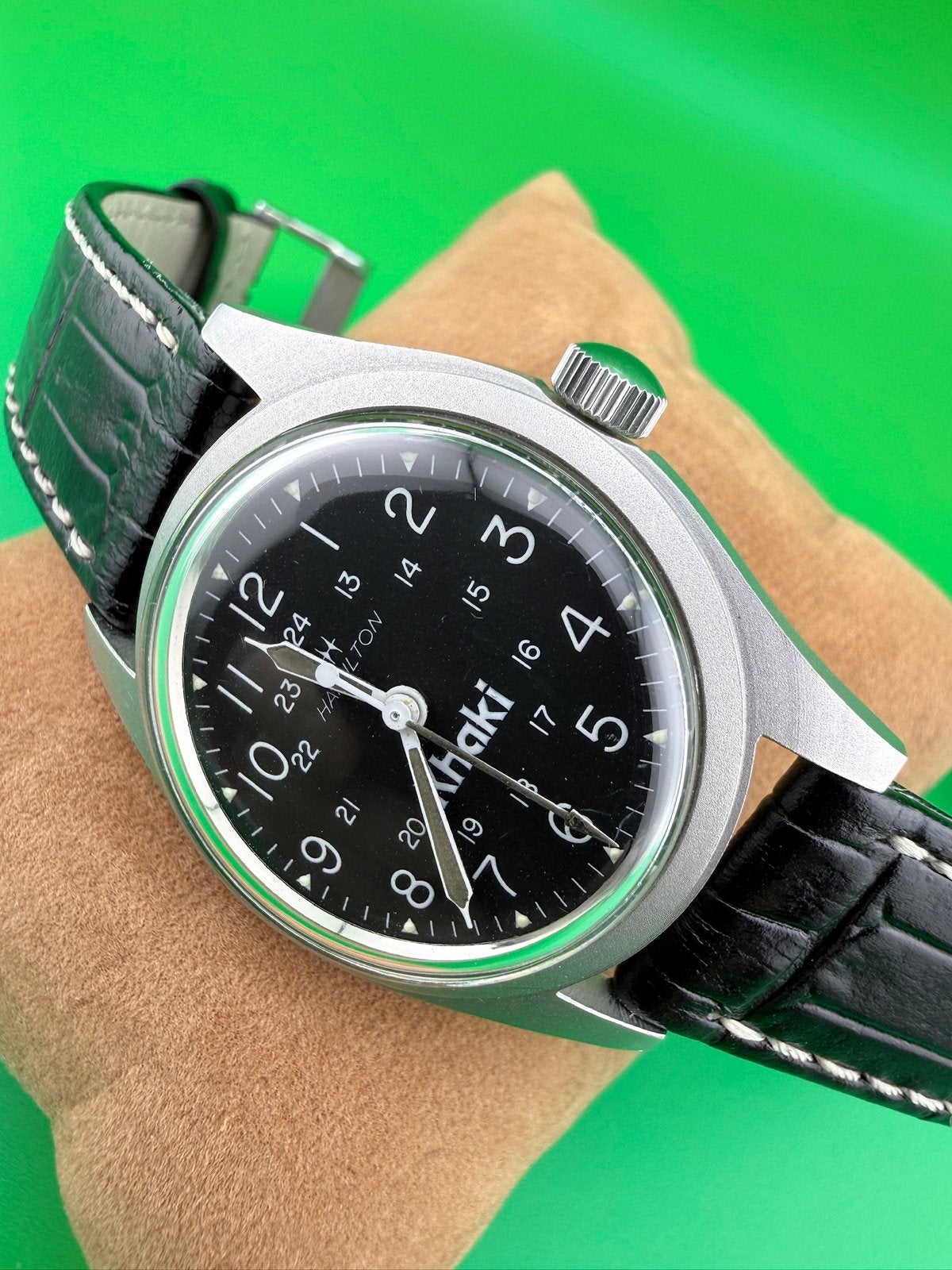 Zeldzame Hamilton Khaki Military vintage horloge, Ophalen, Zo goed als nieuw, Leer, Overige merken